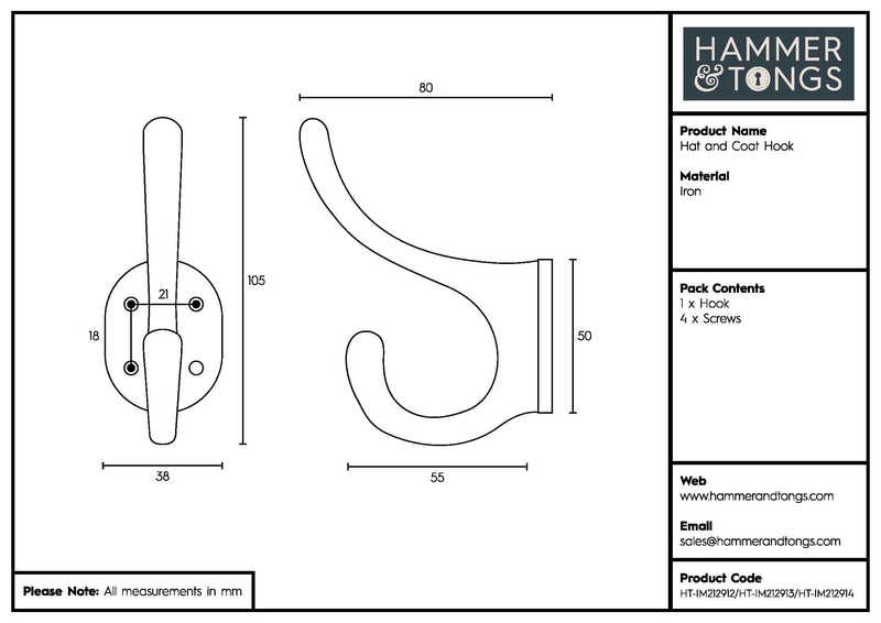 40mm x 105mm Hat & Coat Hook - By Hammer & Tongs