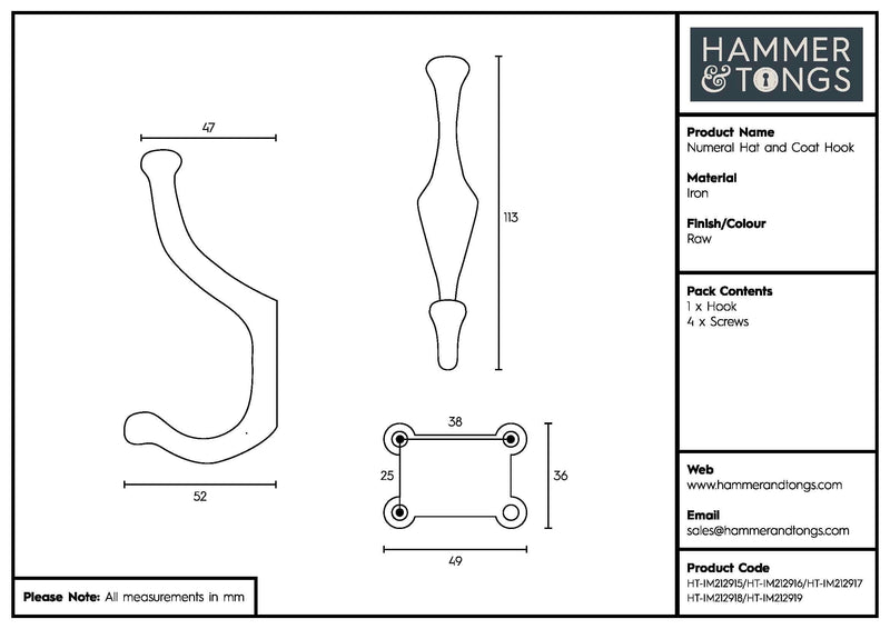 50mm x 115mm Grey Number 2 Hat & Coat Hook - By Hammer & Tongs