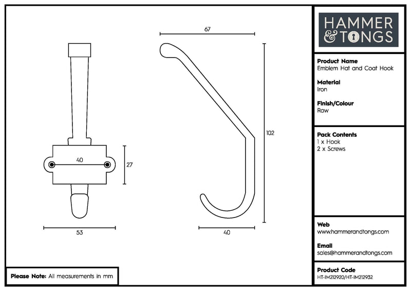53mm x 101mm Grey Great North of England Railway Double Wall Hook - By Hammer & Tongs