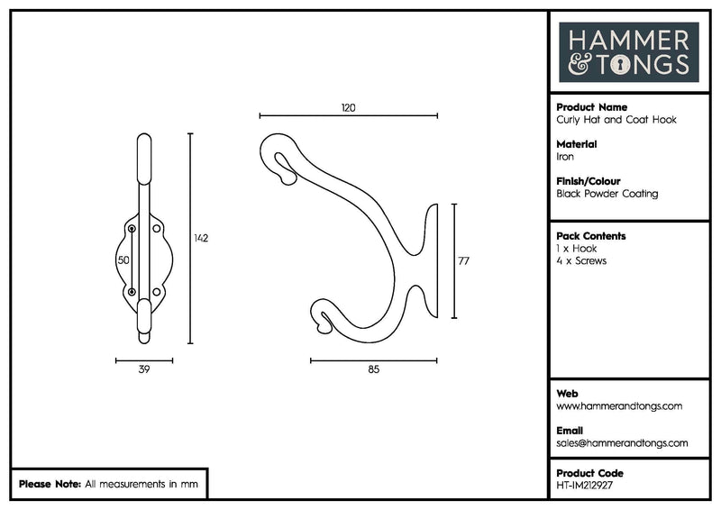 40mm x 140mm Black Curly Hat & Coat Hook - By Hammer & Tongs