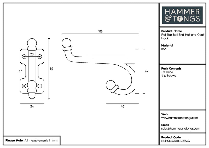 35mm x 85mm Flat Top Ball End Hat & Coat Hook - By Hammer & Tongs