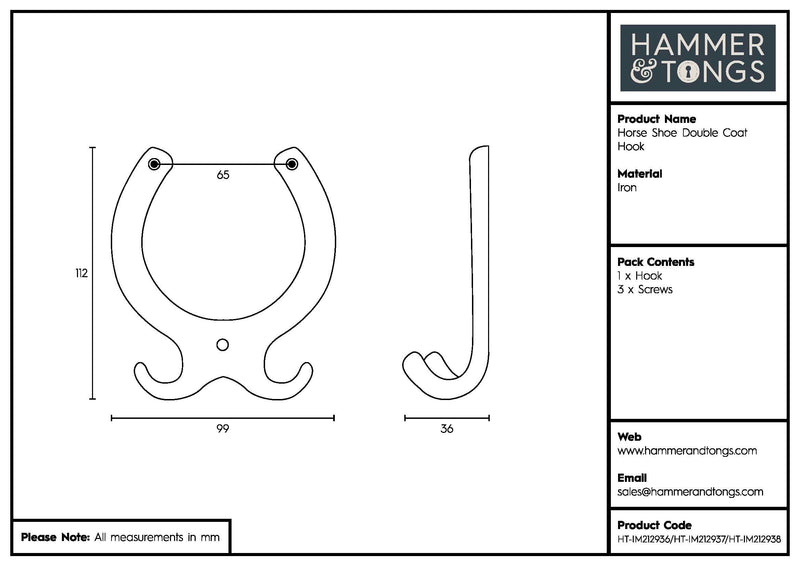 100mm x 110mm Horse Shoe Double Coat Hook - By Hammer & Tongs