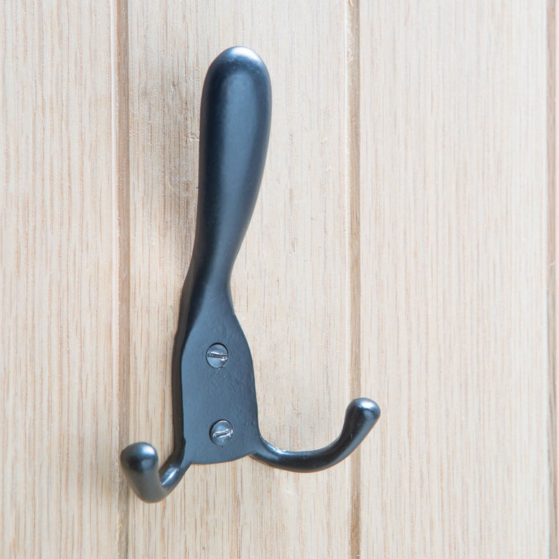 90mm x 140mm Black Rustic Hat and Double Robe Hook - By Hammer & Tongs