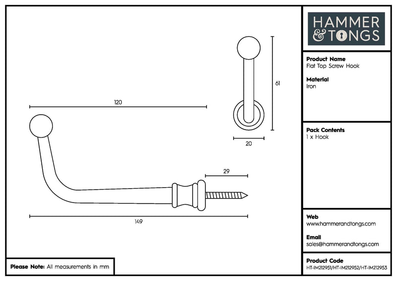 20mm x 60mm Flat Top Screw Hook - By Hammer & Tongs