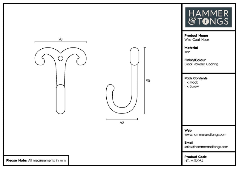70mm x 90mm Black Wire Coat Hook - By Hammer & Tongs