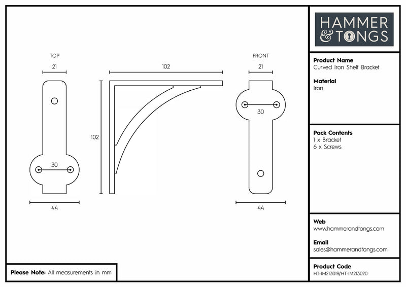 100mm Curved Iron Shelf Bracket - By Hammer & Tongs