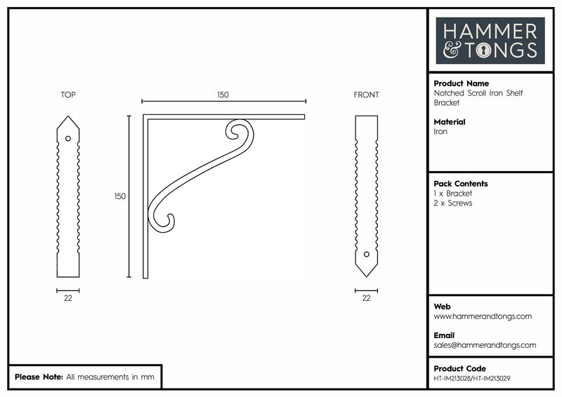 150mm Notched Scroll Iron Shelf Bracket - By Hammer & Tongs