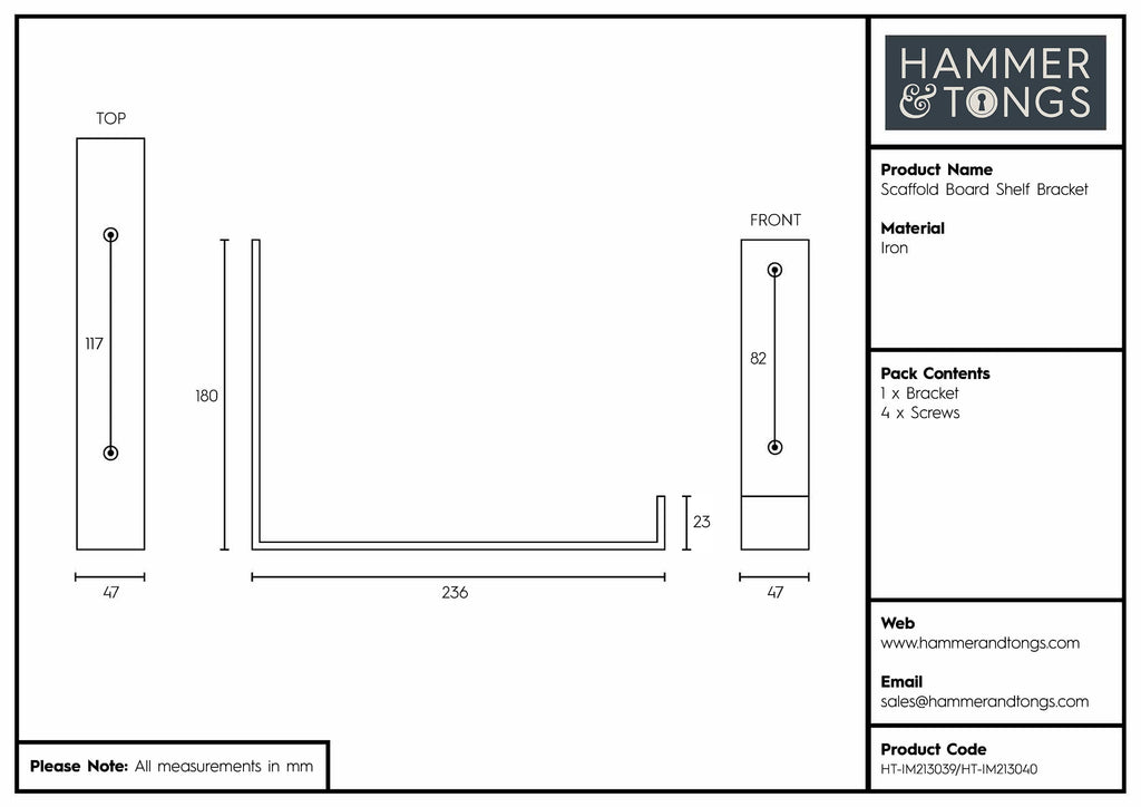 235mm Scaffold Board Iron Shelf Bracket By Hammer & Tongs