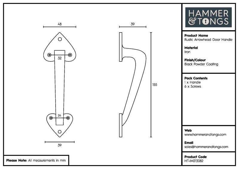 155mm Black Rustic Arrowhead Door Handle - By Hammer & Tongs