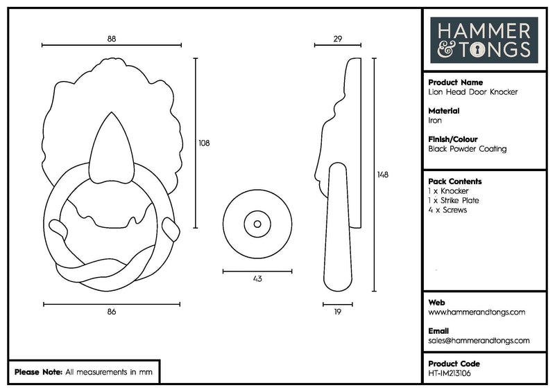 150mm Black Lion Head Door Knocker - By Hammer & Tongs