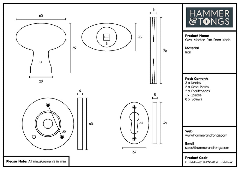 60mm Oval Rim & Mortice Door Knob - By Hammer & Tongs