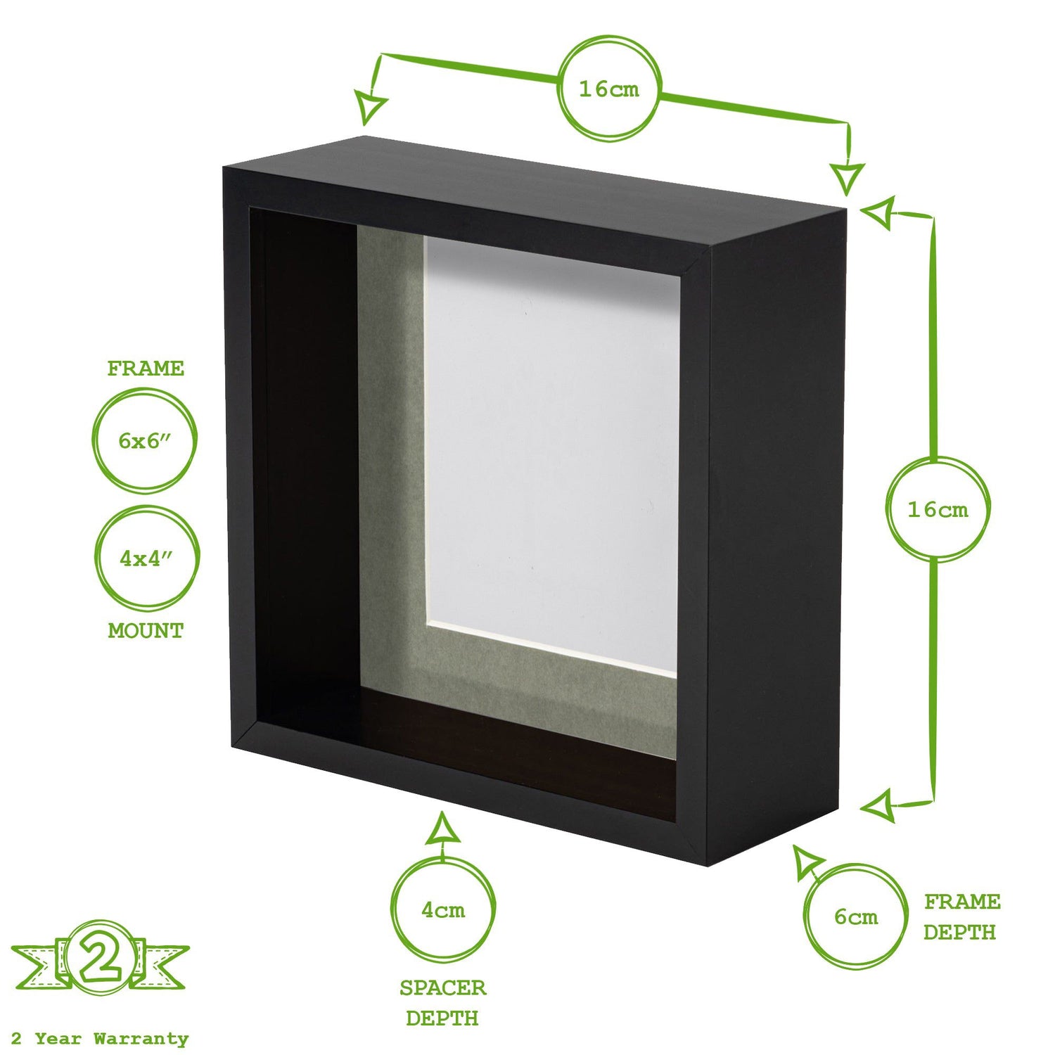 6" x 6" 3D Deep Box Black Photo Frame with 4" x 4" Mount