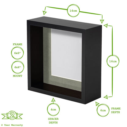 6" x 6" 3D Deep Box Black Photo Frame with 4" x 4" Mount