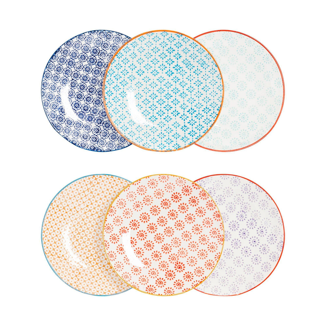 18cm Hand Printed Six-coloured Stoneware Side Plates - Pack of Six