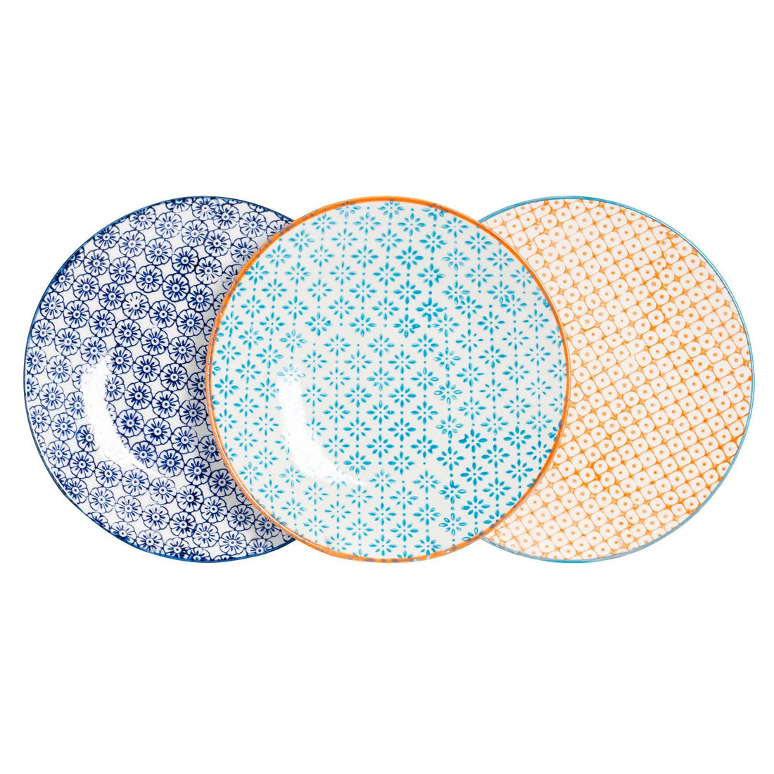18cm Hand Printed Three-coloured Stoneware Side Plates - Pack of Six