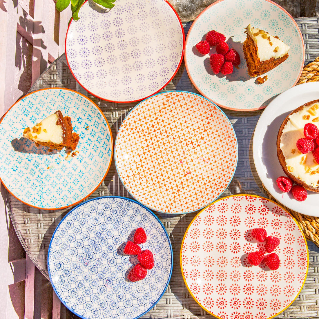 18cm Hand Printed Six-coloured Stoneware Side Plates - Pack of Six