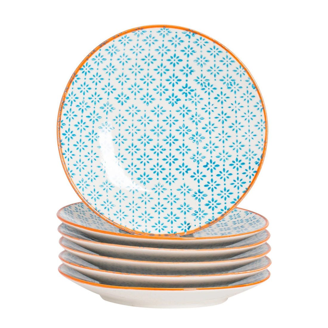 18cm Hand Printed Blue Stoneware Side Plates - Pack of Six