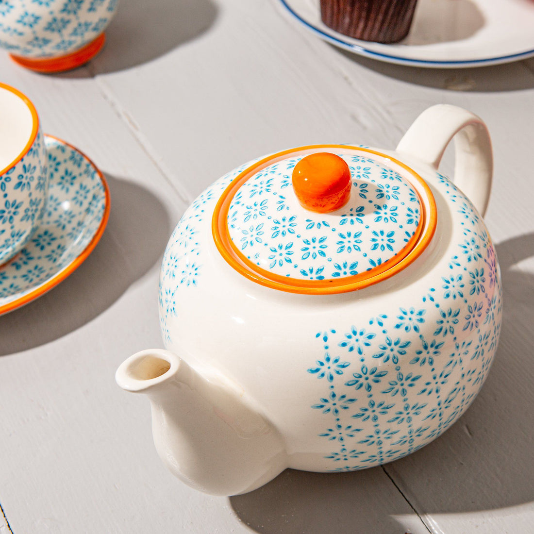 820ml Blue Hand Printed Stoneware Teapot