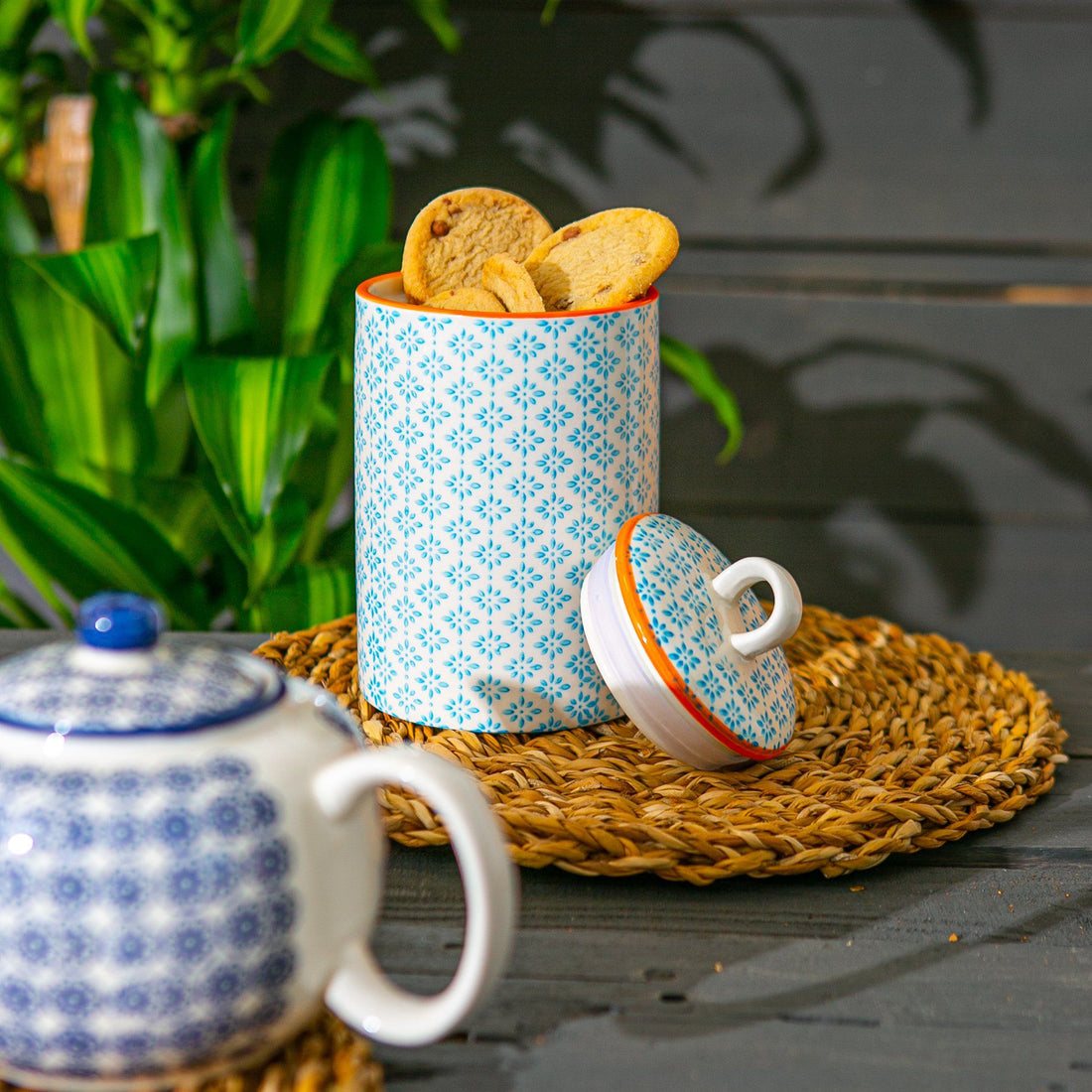 Hand Printed Blue Stoneware Kitchen Canister