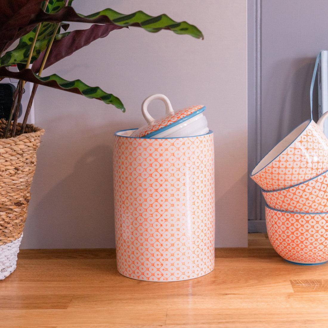 Hand Printed Orange Stoneware Kitchen Canister