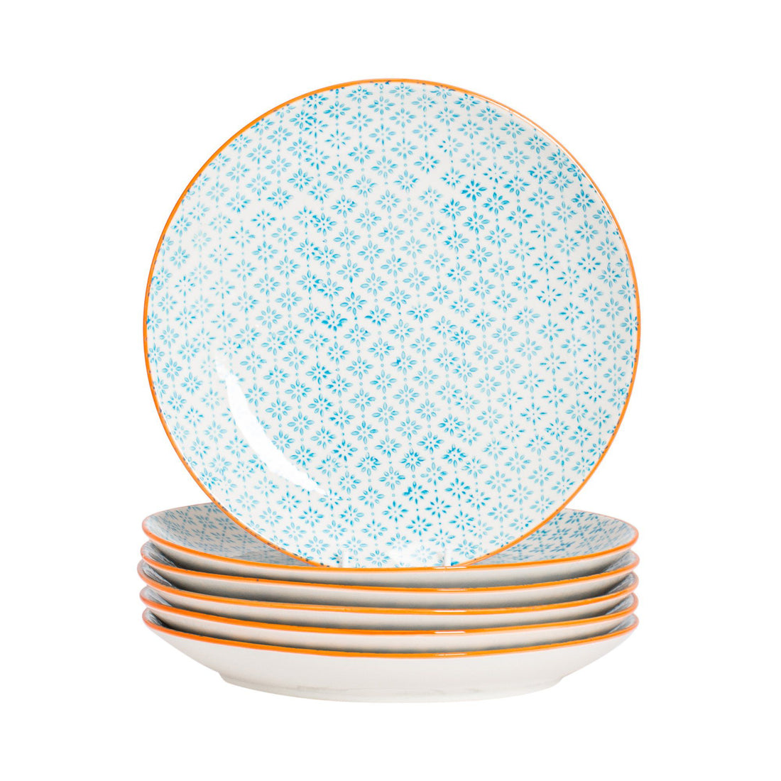 25.5cm Hand Printed Blue Stoneware Dinner Plates - Pack of Six