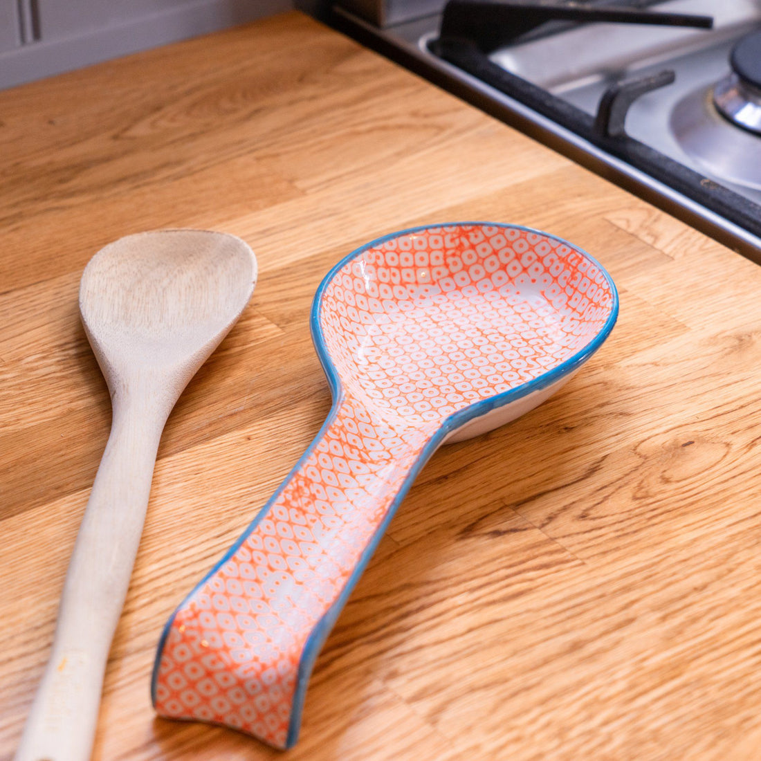 Orange Floral Hand Printed Stoneware Spoon Rest