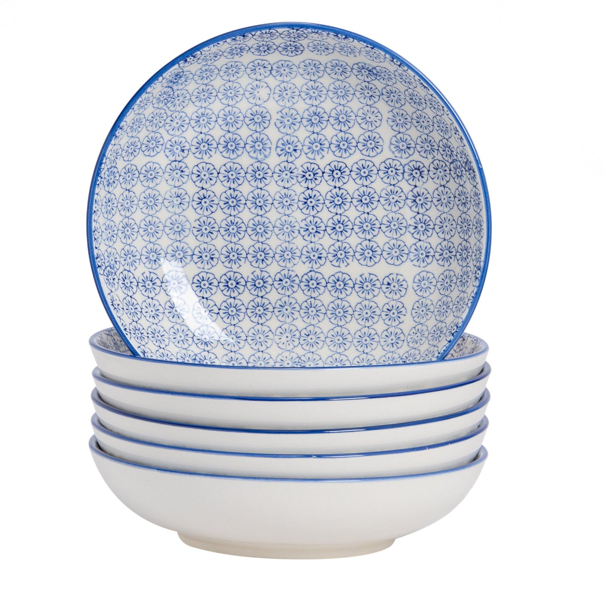 22cm Hand Printed Stoneware Pasta Bowls Pack Six