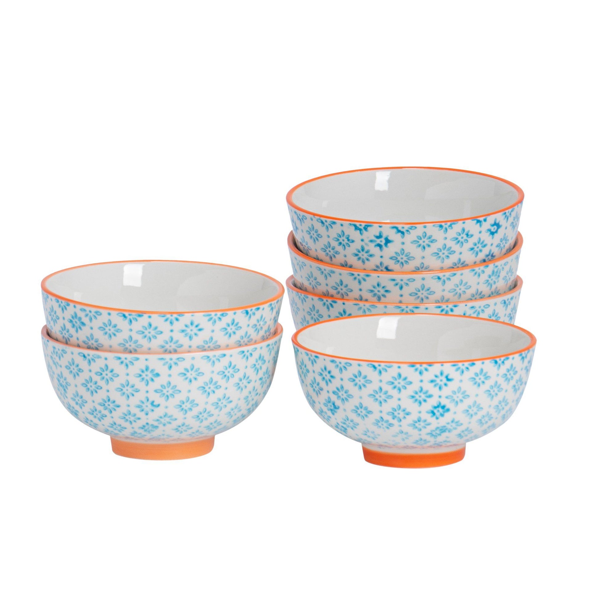 12cm Hand Printed Stoneware Rice Bowls Pack Six