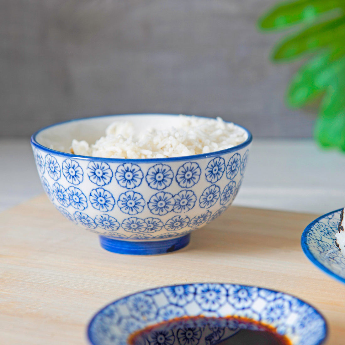 Blue 12cm Hand-Printed Stoneware Rice Bowls - Pack of 6