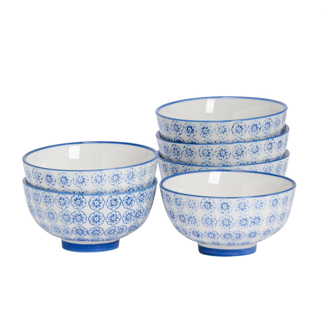 Blue 12cm Hand-Printed Stoneware Rice Bowls - Pack of 6