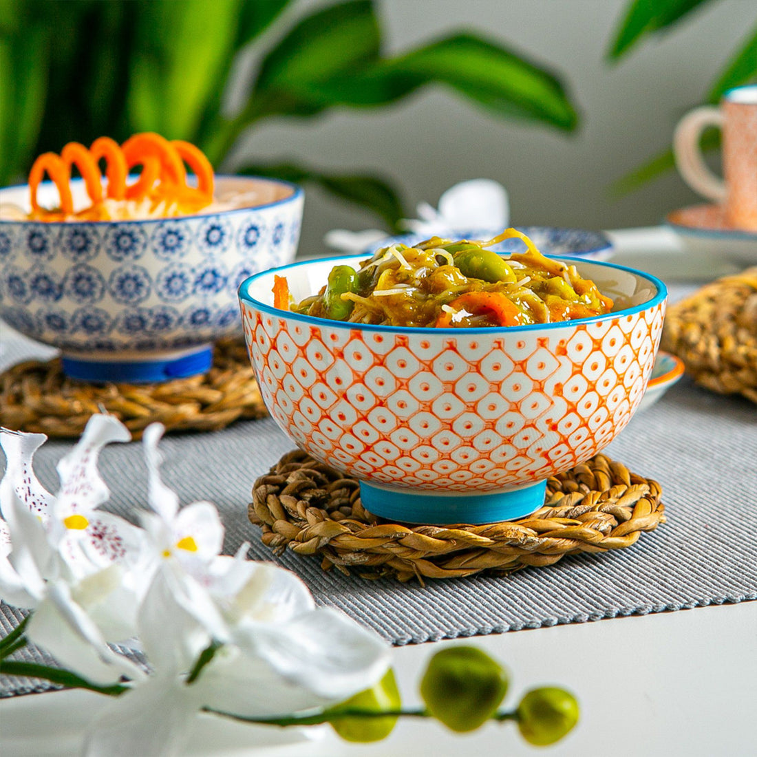 Orange 12cm Hand-Printed Stoneware Rice Bowls - Pack of 6