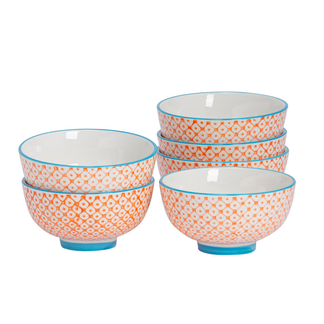 Orange 12cm Hand-Printed Stoneware Rice Bowls - Pack of 6