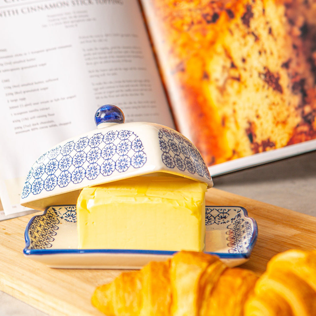 Navy Floral Hand Printed Stoneware Butter Dish