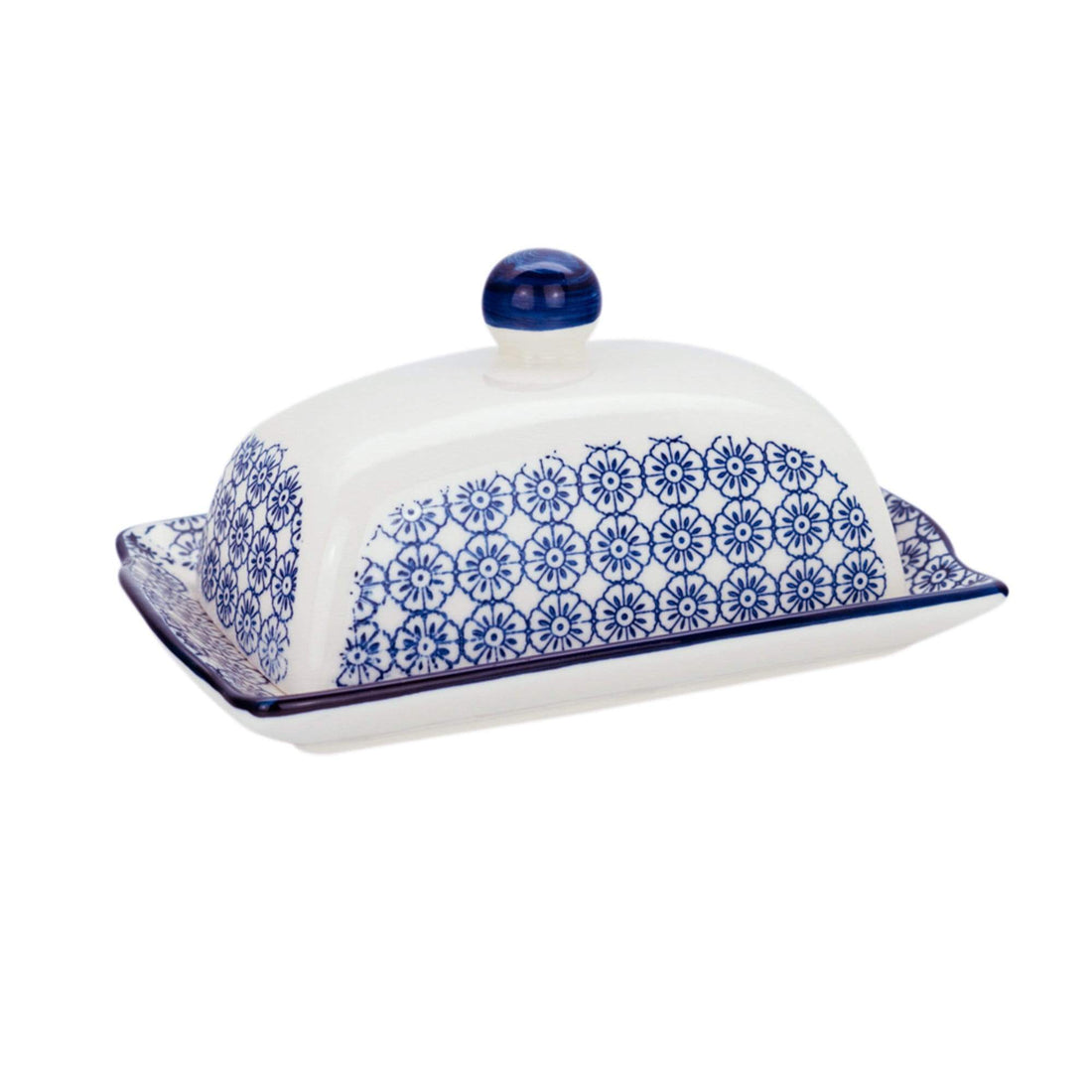 Navy Floral Hand Printed Stoneware Butter Dish