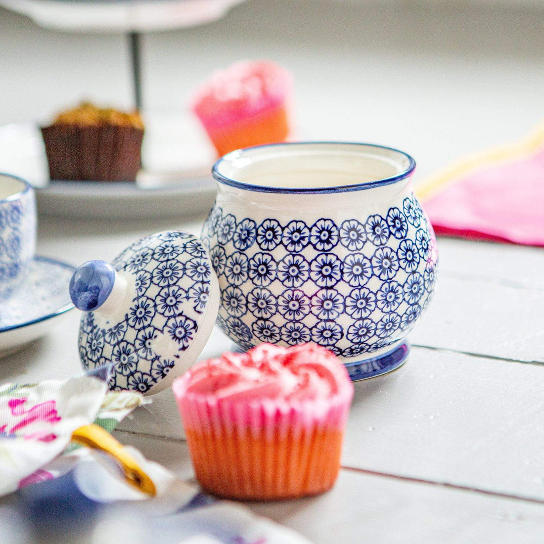 Hand Printed Navy Stoneware Sugar Bowl