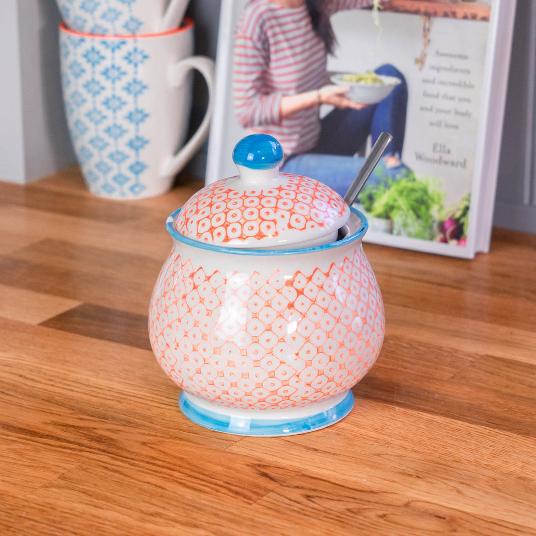 Hand Printed Orange Stoneware Sugar Bowl