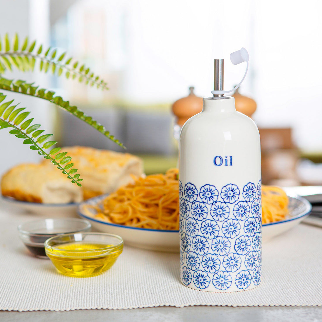 500ml Hand Printed Stoneware Olive Oil Bottle with Pourer