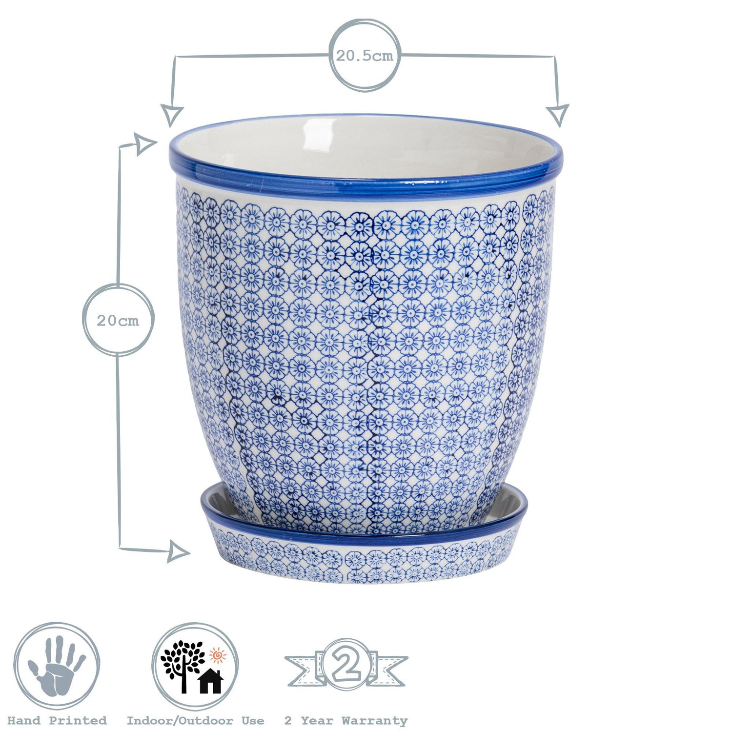 20cm ceramic plant pot 20cm Hand Printed Stoneware Plant Pot with Saucer - By Nicola Spring