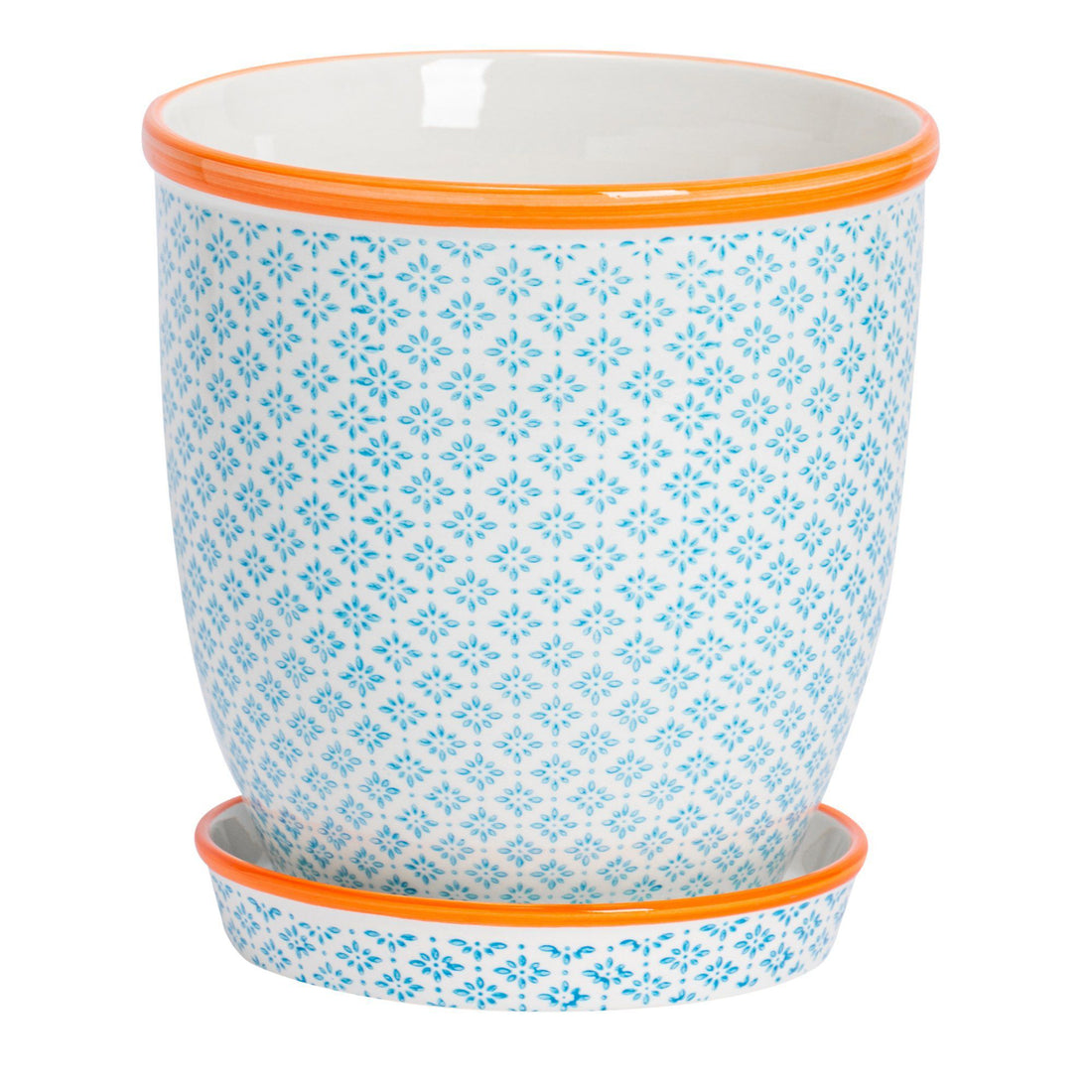 20cm Hand Printed Navy Stoneware Plant Pot with Saucer