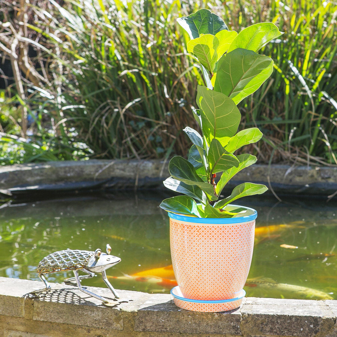 20cm Hand Printed Orange Stoneware Plant Pot with Saucer