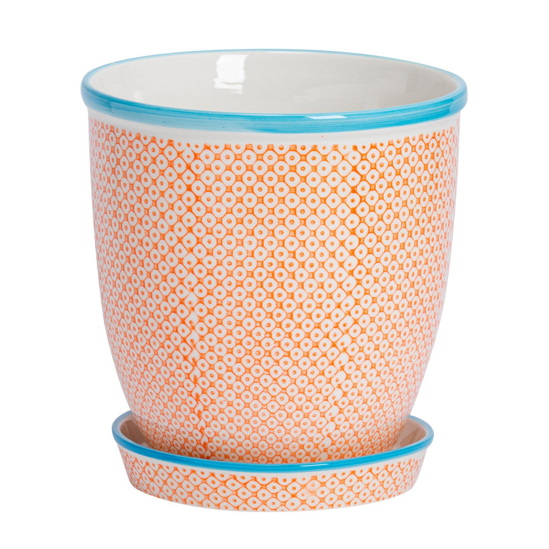 20cm Hand Printed Orange Stoneware Plant Pot with Saucer