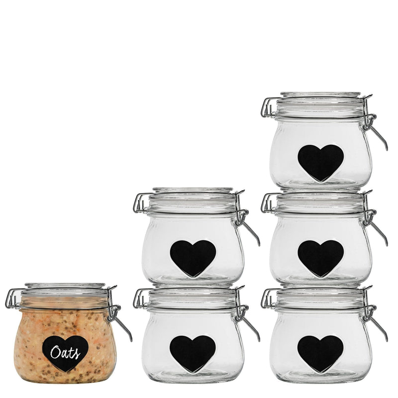 500ml Heart Glass Storage Jars with Labels - Pack of 6 - By Nicola Spring