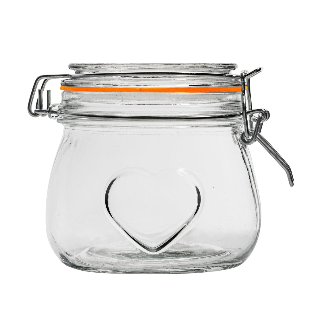 500ml Airtight Glass Storage Jar with Embossed Heart Detail - Orange Seal