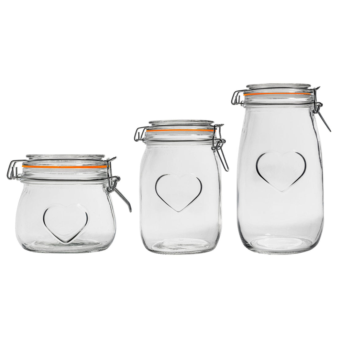 3-Piece Airtight Glass Storage Jar Set with Embossed Heart Detail - Orange Seals