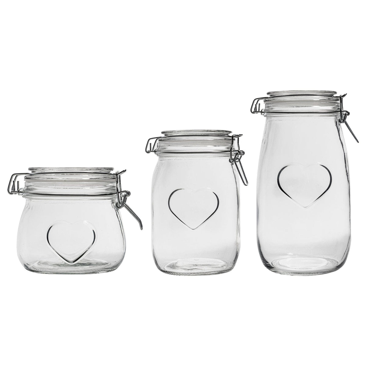 3pc Glass Storage Air tight Jar Set Embossed Heart Detail