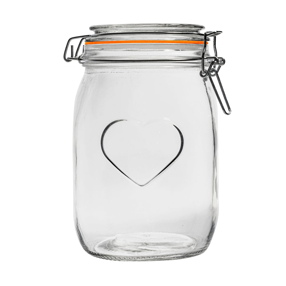 1L Airtight Glass Storage Jar with Embossed Heart Detail - Orange Seal