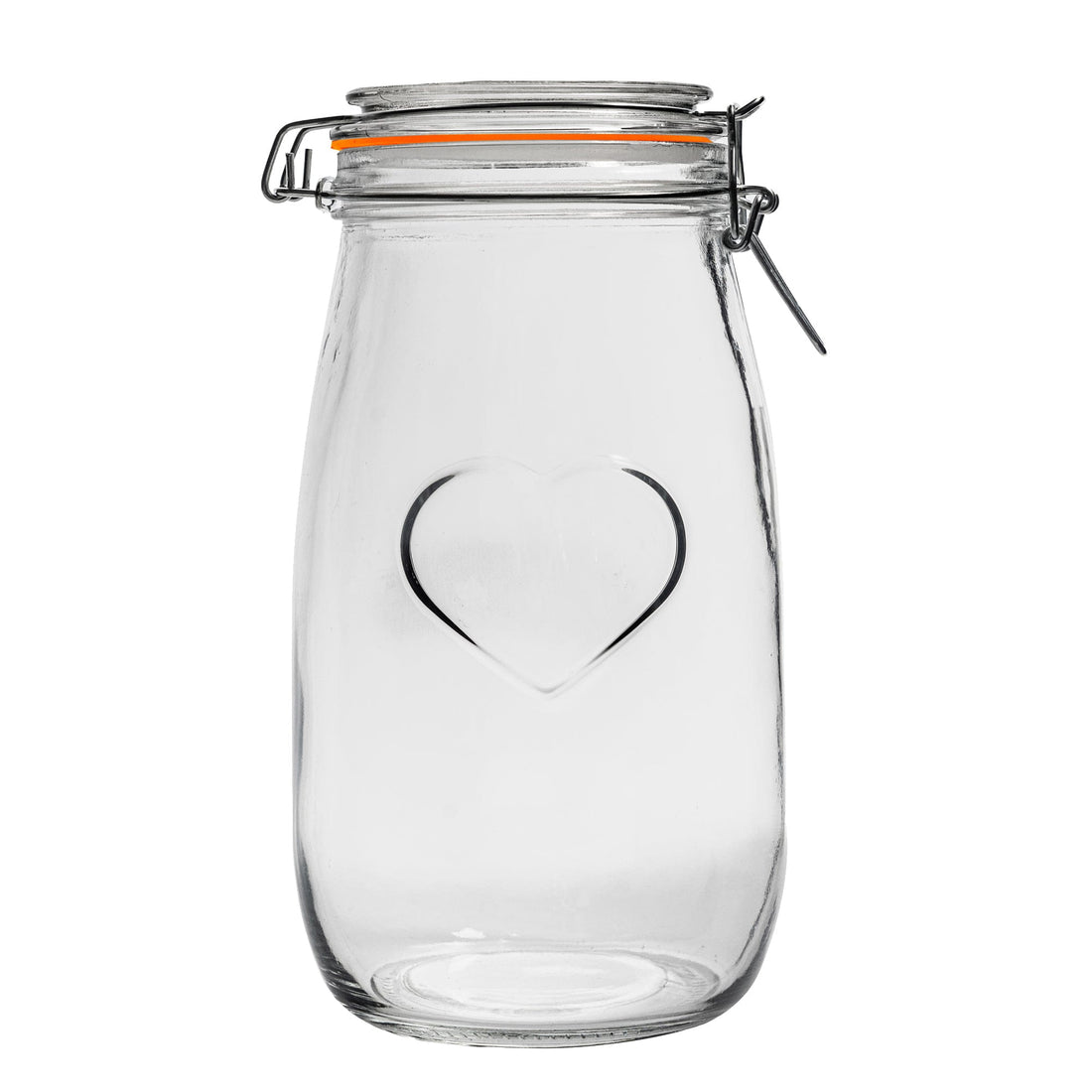 1.5L Airtight Glass Storage Jar with Embossed Heart Detail - Orange Seal