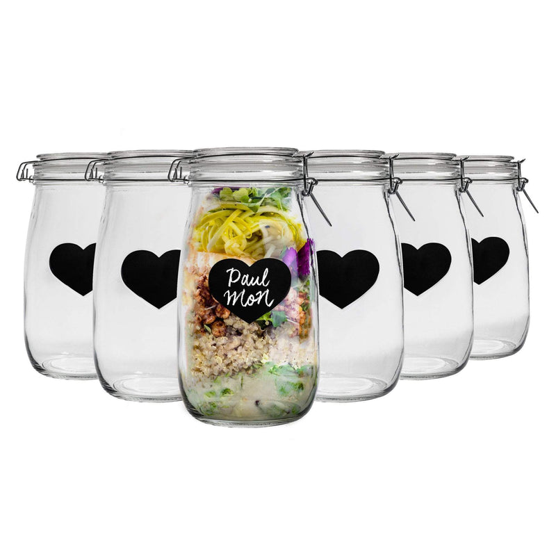 1.5 Litre Heart Glass Storage Jars with Labels - Pack of 6 - By Nicola Spring