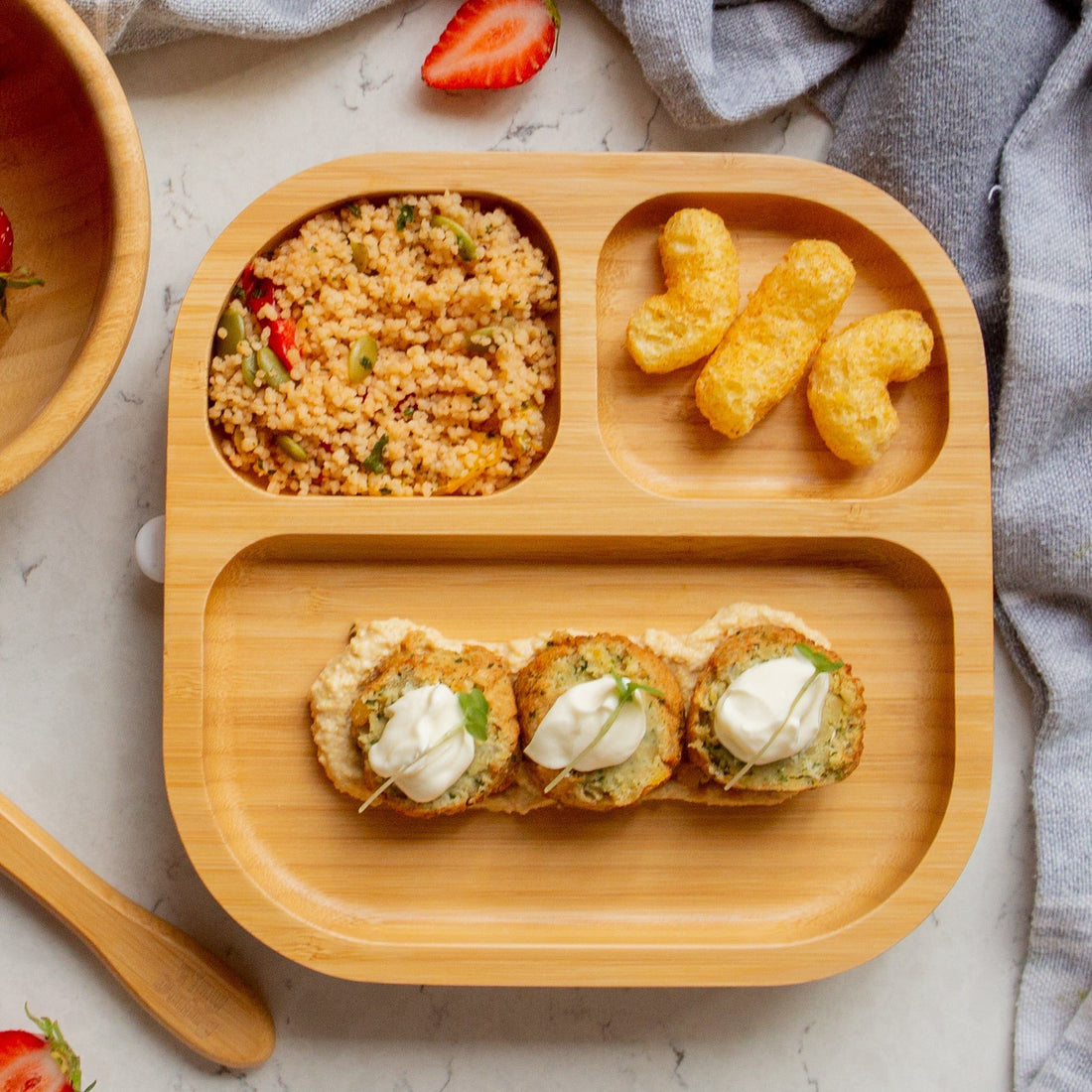 Square Divided Bamboo Plate with Olive Suction Base