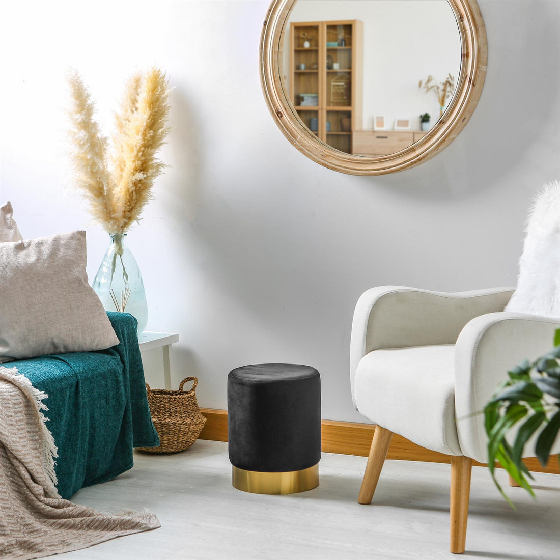 Black Round Velvet Footstool
